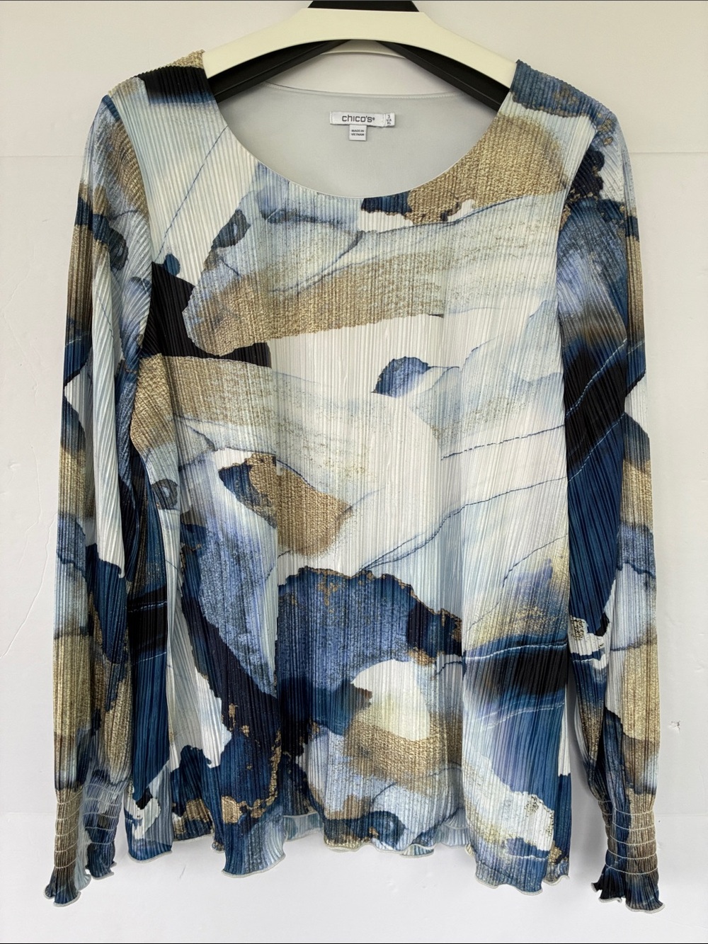 Chico's Foil Ocean Print Crinkle Top Abstract Pleated Long-Sleeve Blouse XL